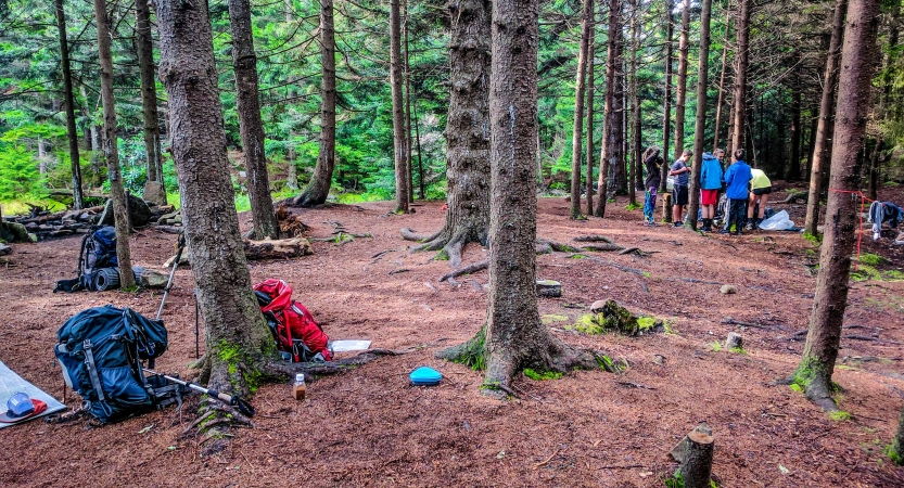 A group of young people huddle together in a wooded area. Their backpacks rest on the ground in the foreground. 